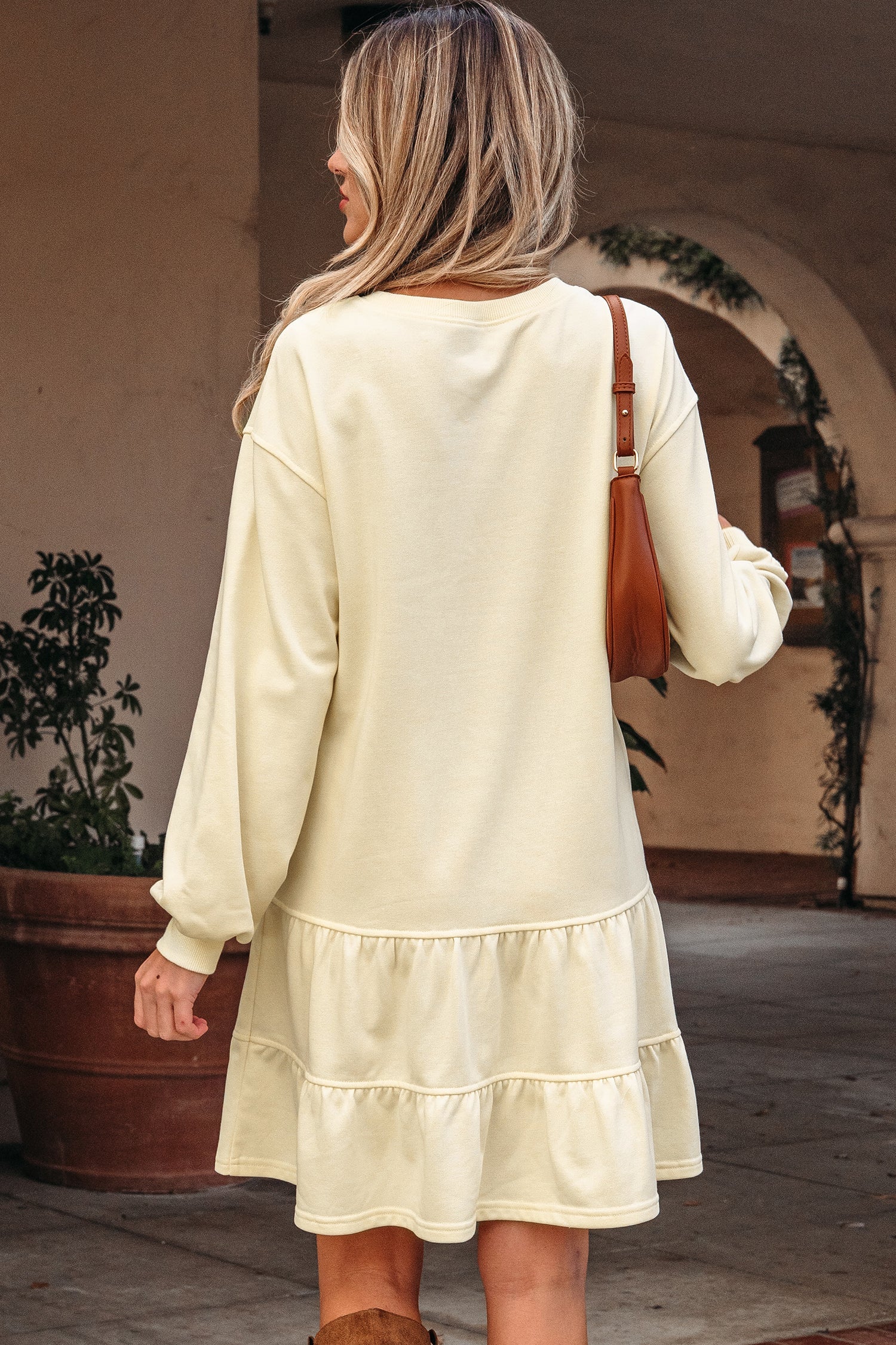 Yellow Loose Fit Mini Dress with Drop Shoulder and Ruffled Hem