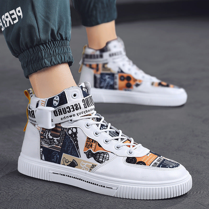 White Multi-Color Harajuku High-Top Graphic Print Sneakers