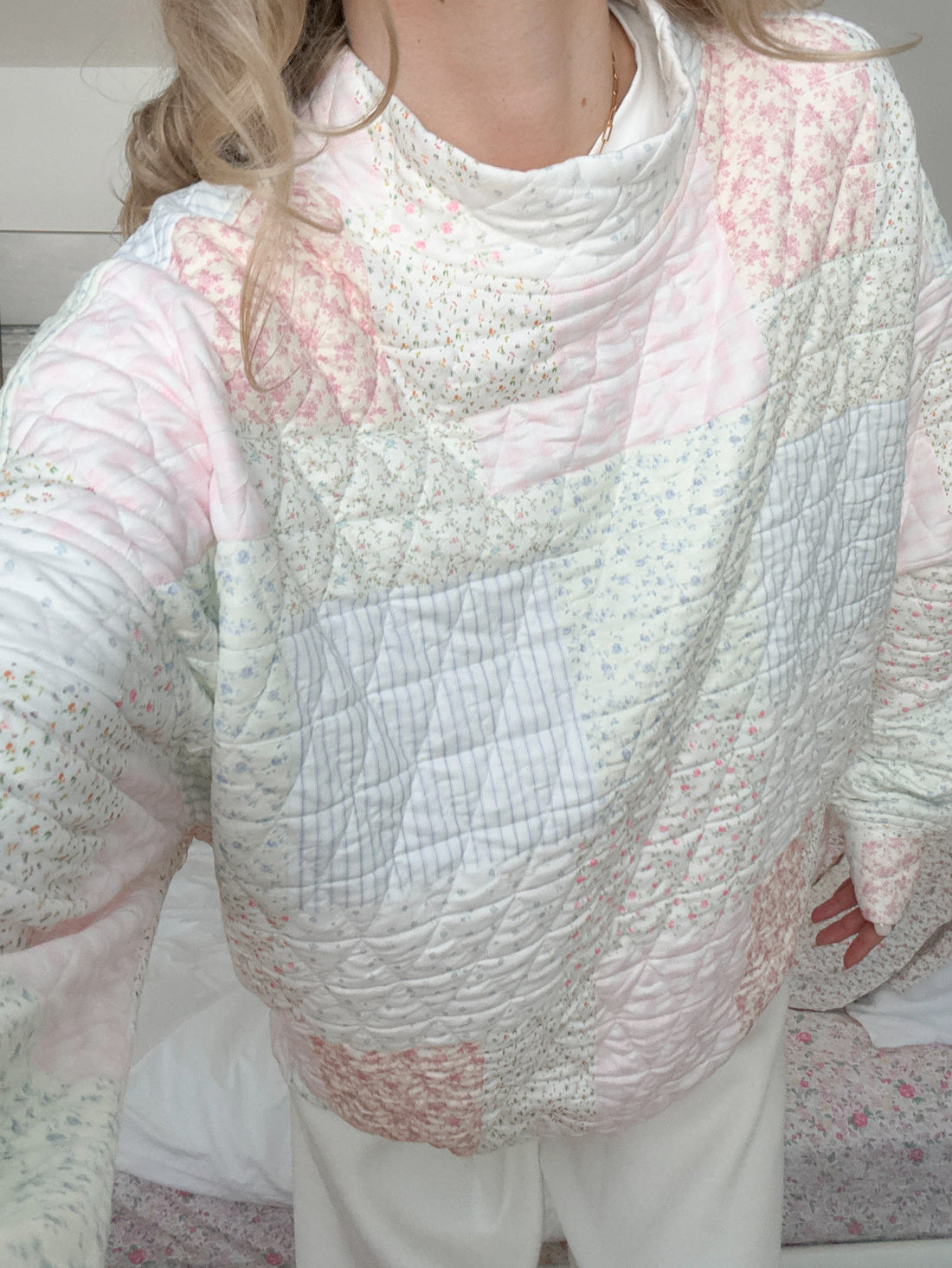 Quilted Pastel Mockneck Sweatshirt: Oversized Floral Patchwork Top