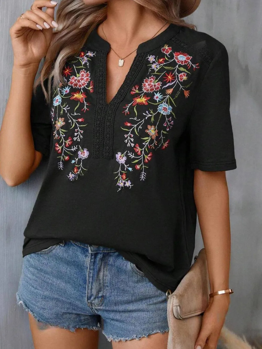 Boho Floral Embroidered Notched V-Neck Lace Trim Top