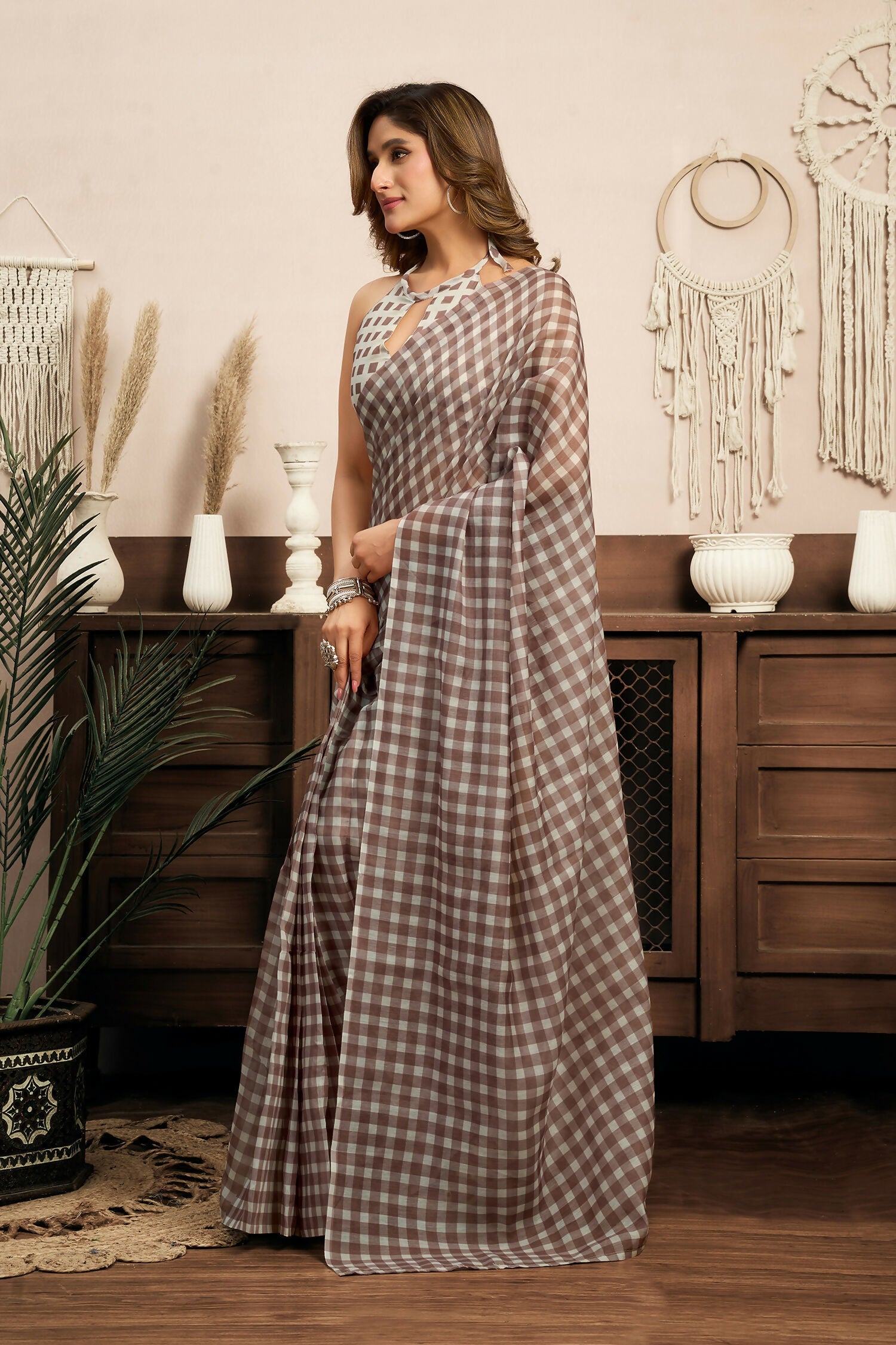 Beige Checked Linen Ready To Wear Saree With Unstitched Blouse
