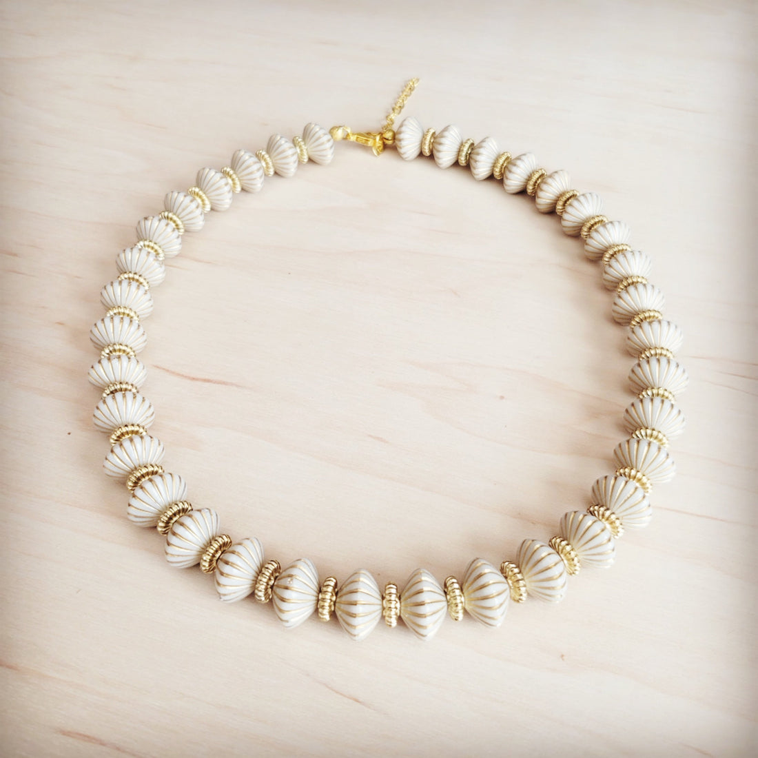 Creamy White Shell Bead Collar Necklace with Gold-Tone Spacers - Image 2