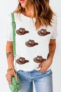 Model wearing a white short sleeve t-shirt with brown sequin cowboy hat designs