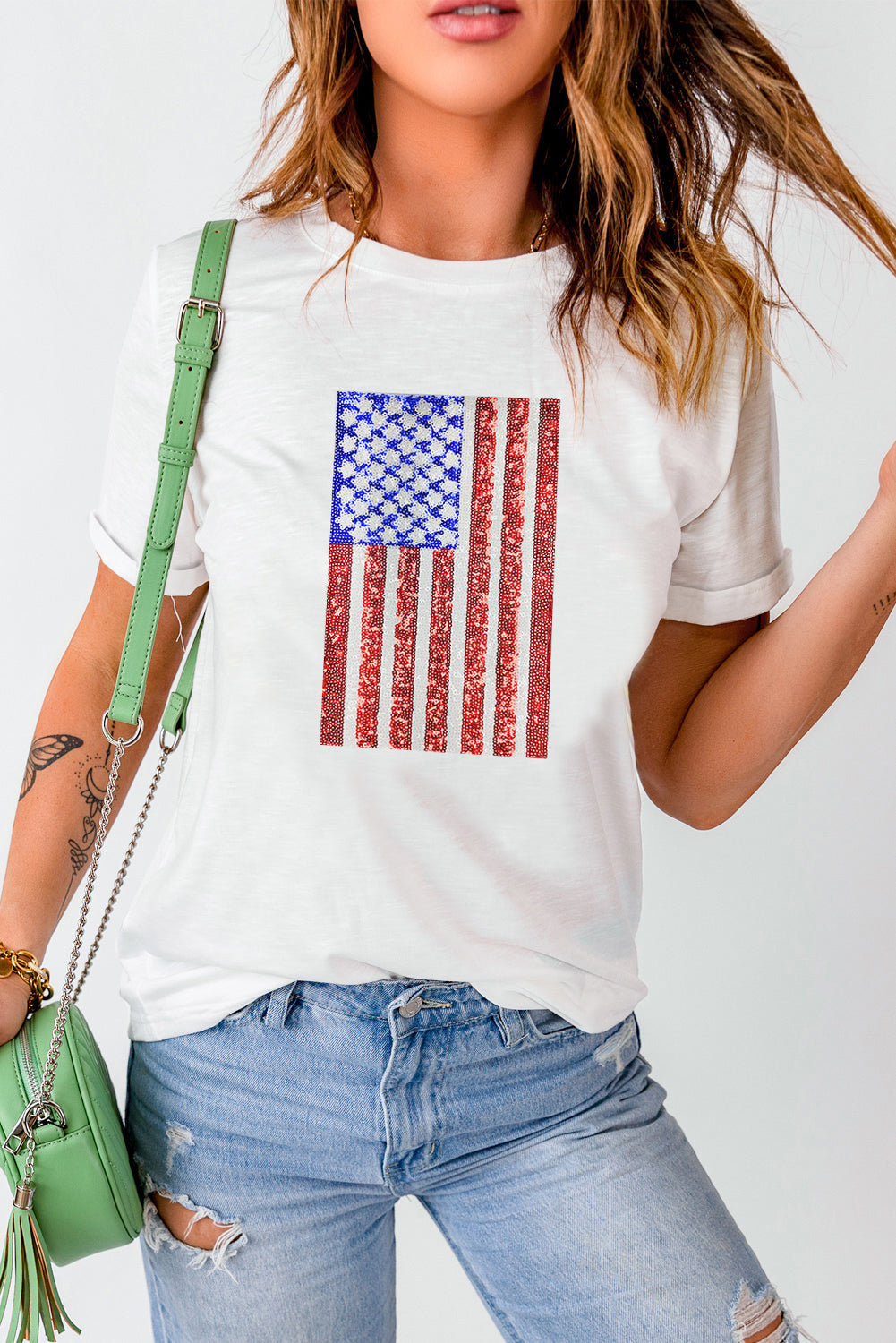 White Shimmery USA Flag Graphic Round Neck Tee Patriotic Shirt
