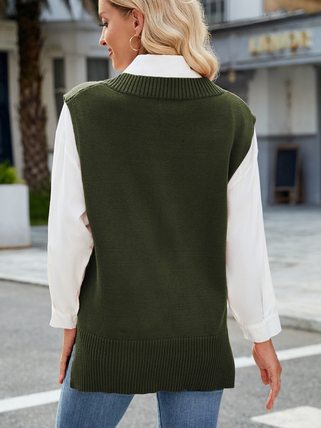 Brown V-Neck Sweater Vest with Side Slits - Image 27