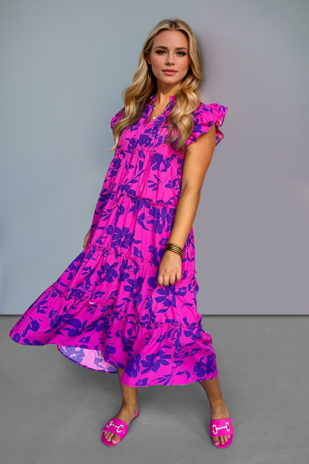 Ruffled Printed Sleeve Midi Dress - Elegant Red-Violet Design