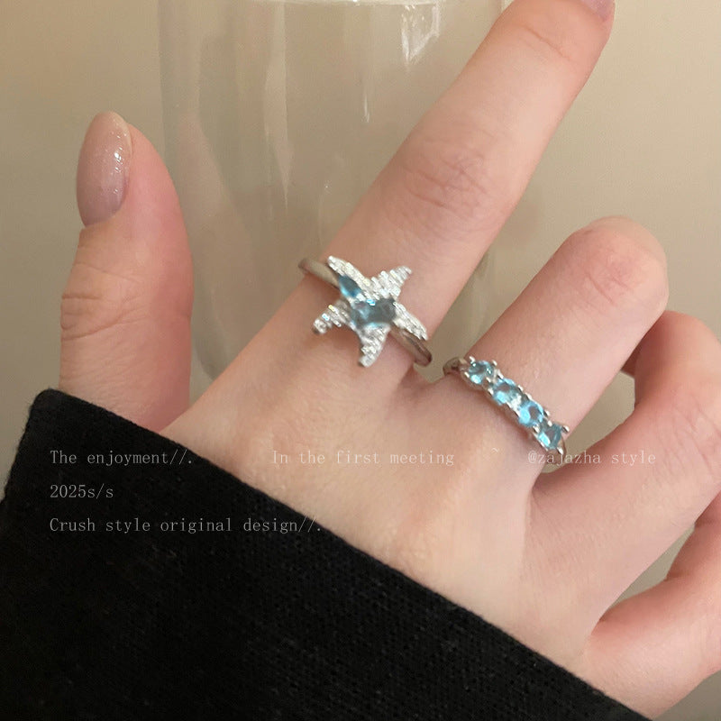 Blue Star Zircon Ring For Women, Luxury Niche High-End Index Finger Ring, Fashion Stackable Adjustable Band