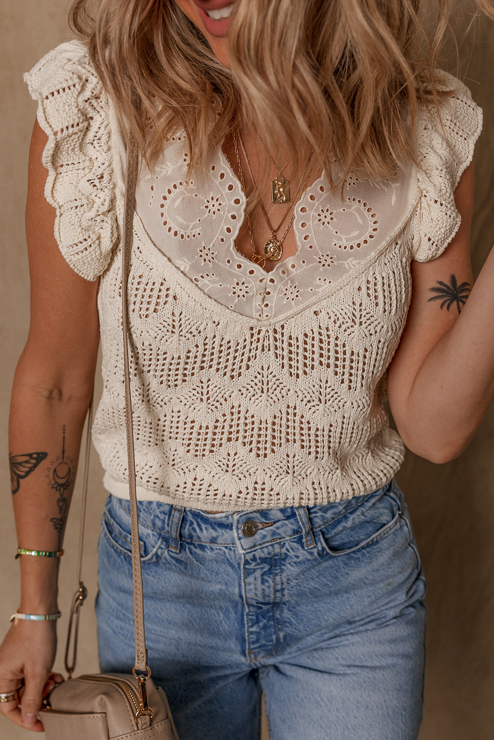 Beige Embroidered Patchwork Knit Ruffle Sweater Vest