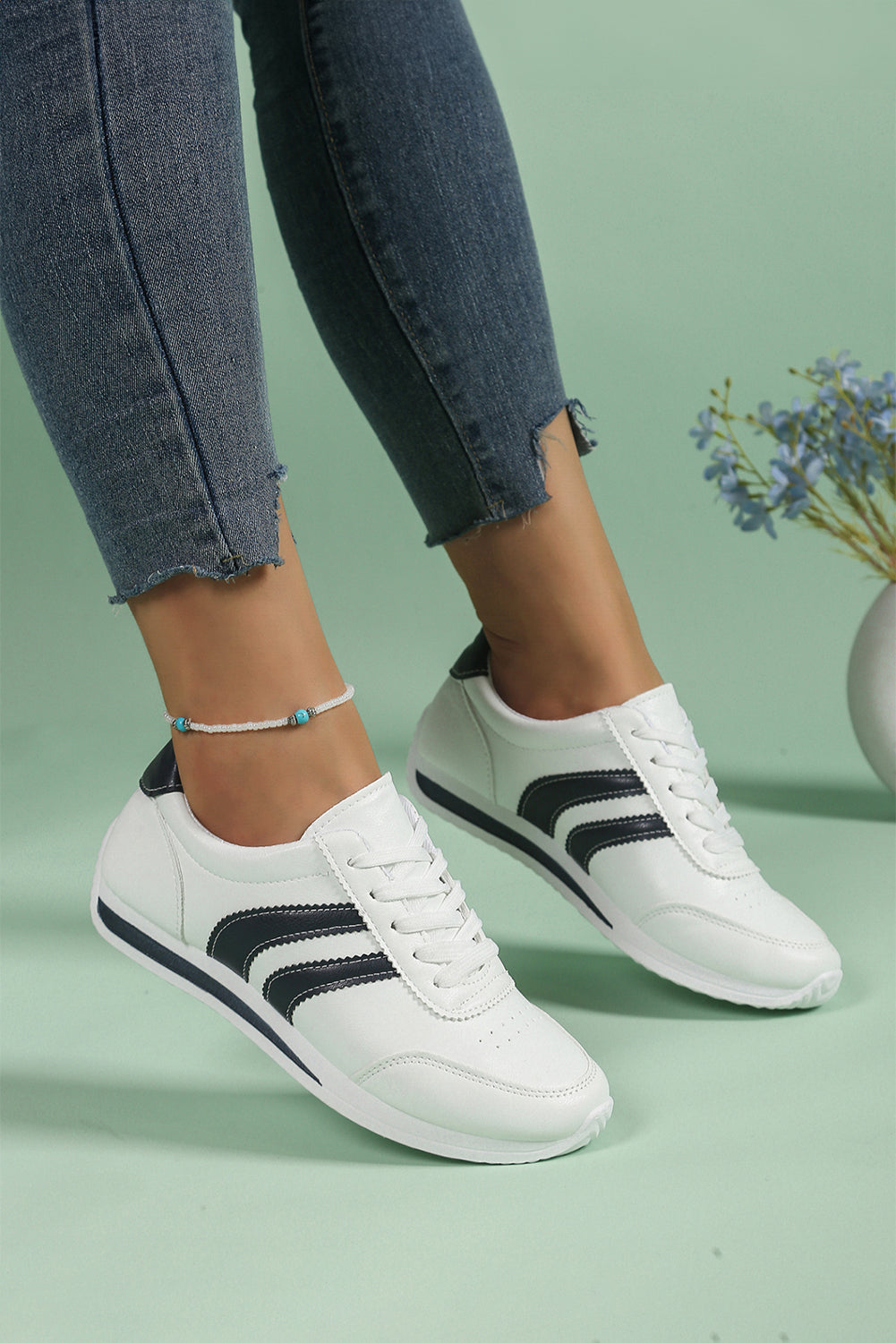 White Striped Lace Up Casual Sneakers with Contrast Detail