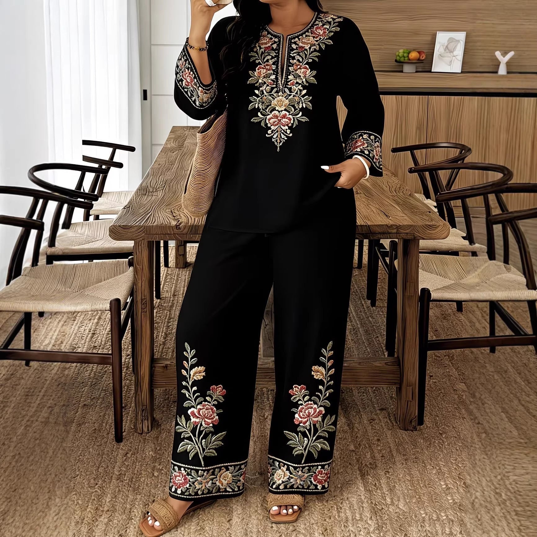 Women's Ethnic Floral Embroidered Long Sleeve Two Piece Set - Image 2