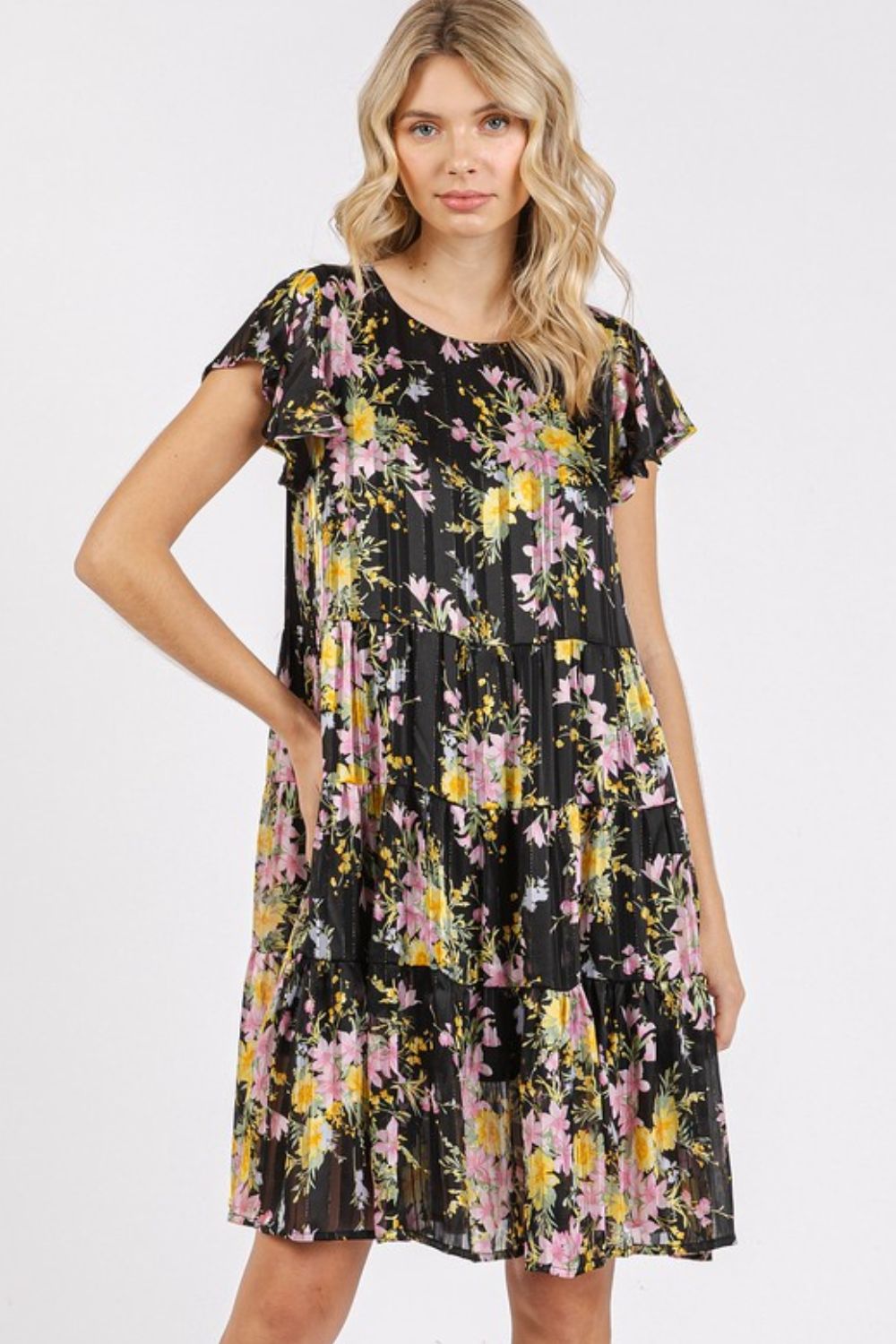 Floral Print Flutter Sleeve Tiered Chiffon Dress