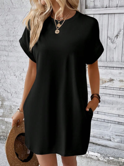 Casual Round Neck Short Sleeve Mini T-Shirt Dress with Pockets - Image 12