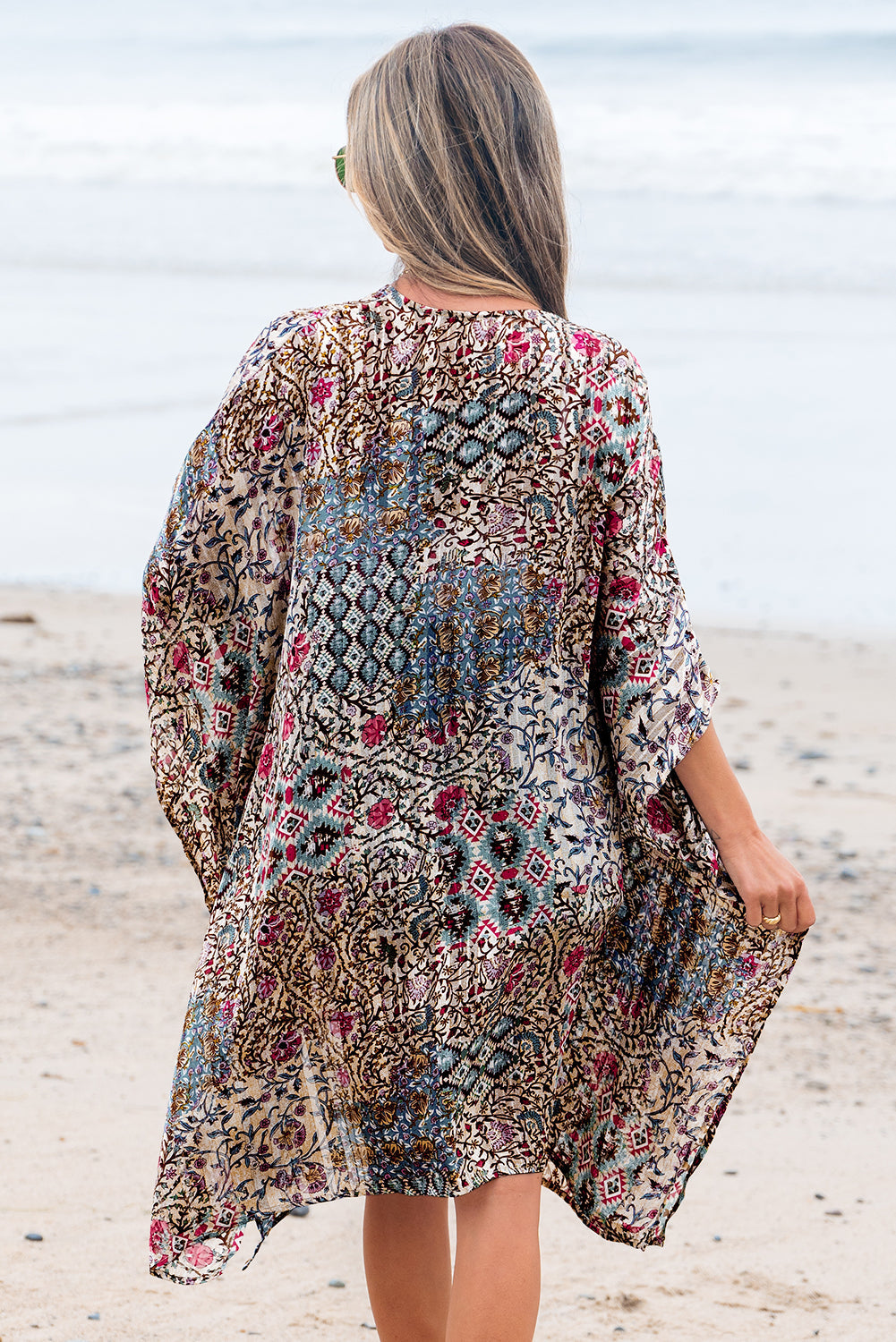 Apricot Floral Print Short Wide Sleeve Open Front Loose Kimono