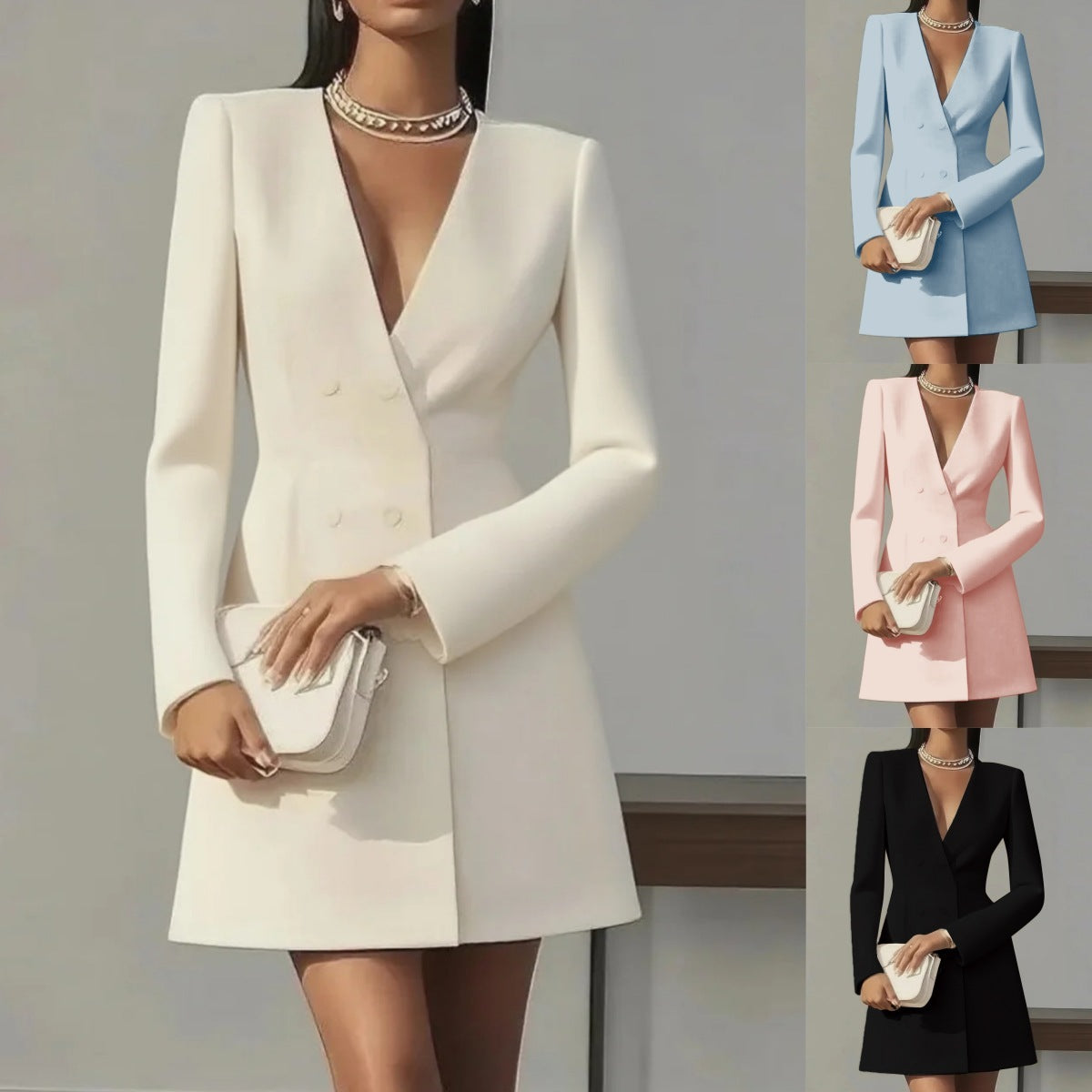 A woman wearing a white deep V-neck double-breasted blazer dress with long sleeves.