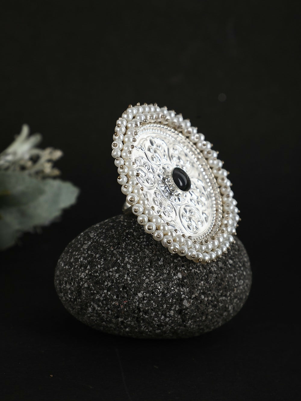Women's Round Statement Ring in Silver Tone with Intricate Patterns
