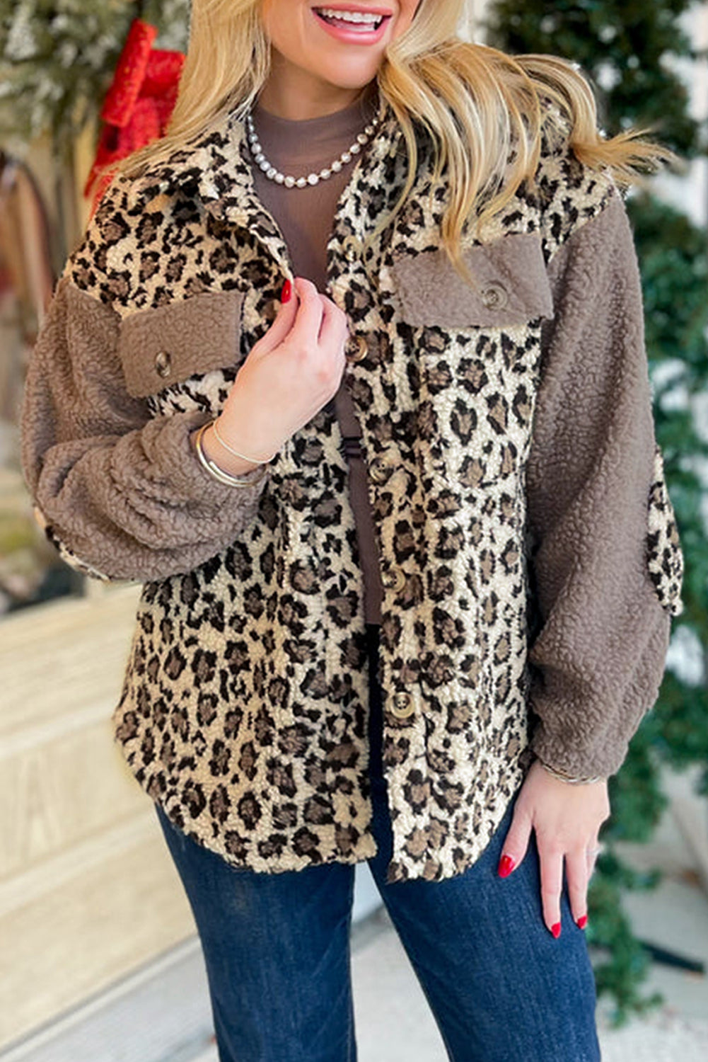 Brown Sherpa Leopard Print Collared Button Up Jacket