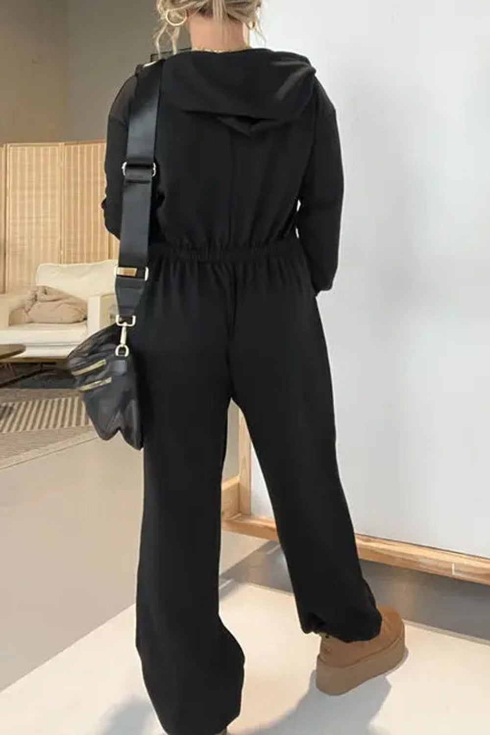 Women's Grey Long Sleeve Hooded Jumpsuit with Drawstring Waist - Image 8