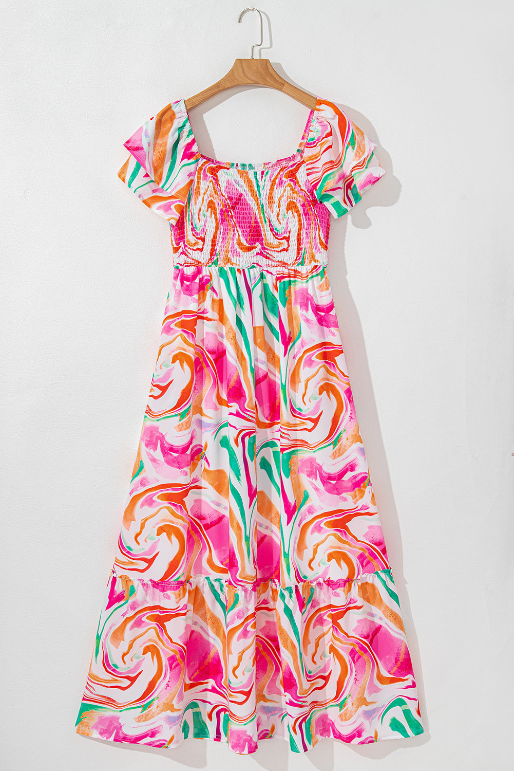 Abstract Ruffle Sleeve Smocked Maxi Dress
