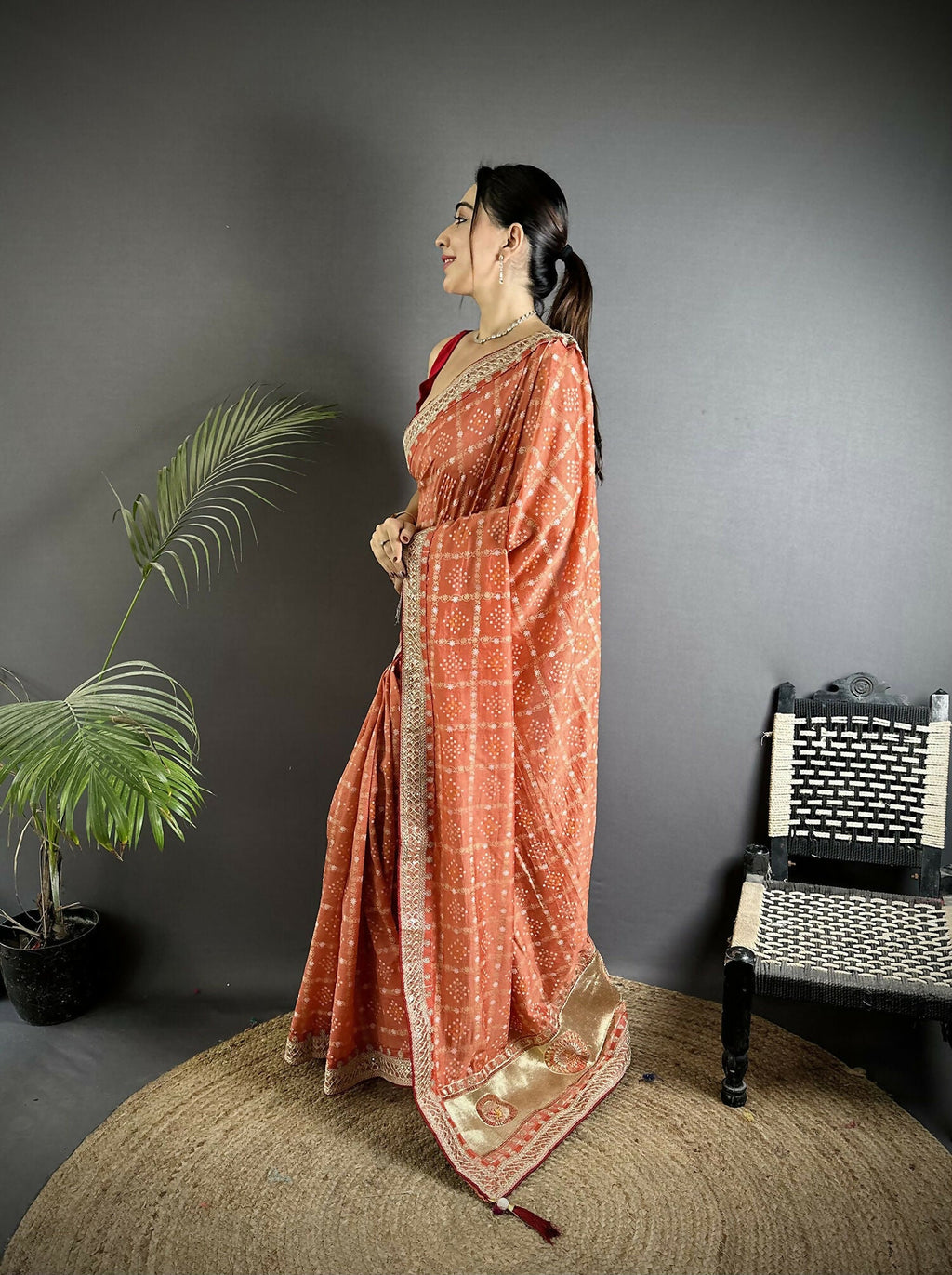 Peach Vichitra Silk Bandhani Print Saree with Traditional Motifs