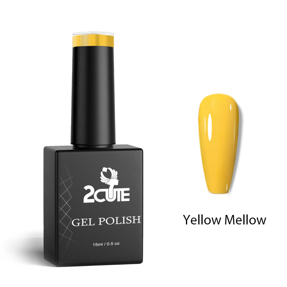 Bottle of Yellow Mellow gel polish next to a yellow nail swatch and a hand with long bright yellow nails.