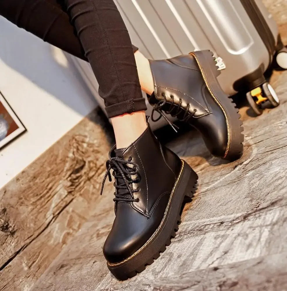 Women's Black Retro Platform Lace-Up Ankle Boots with Chunky Sole - Image 3