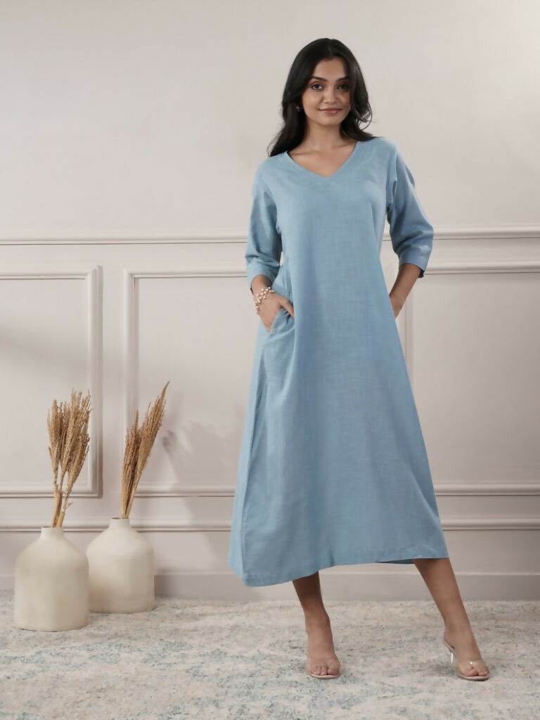 Women's Smoke Blue V-Neck Dress with Cap Sleeves