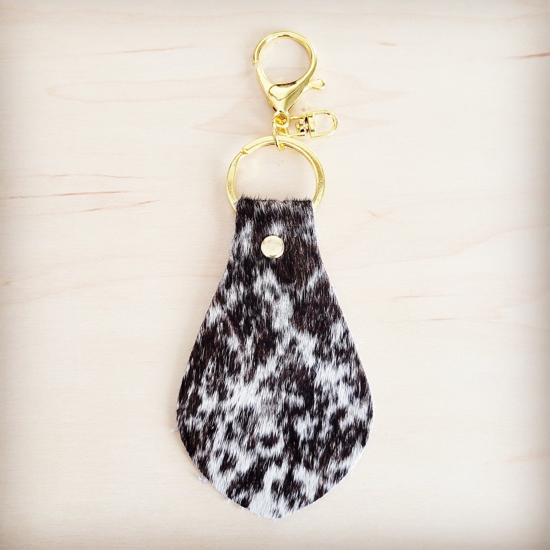 Brindle Cowhide Leather Keychain with Gold Tone Clip - Image 3