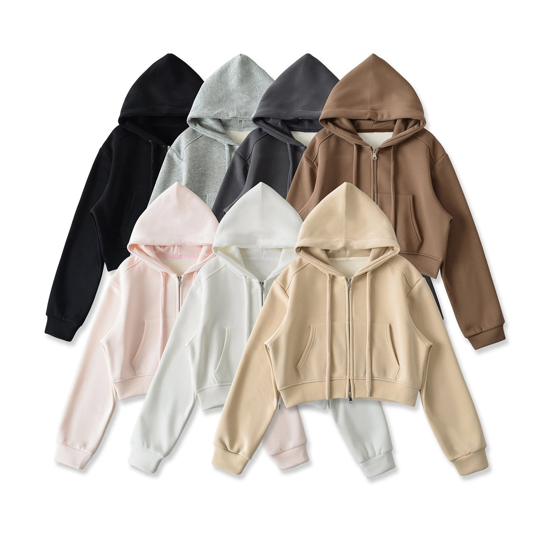 A collection of velvet cropped zip-up hoodies in black, light grey, dark grey, brown, light pink, white, and beige, with a close-up of the brown hoodie. Features include a drawstring hood, full zipper, front pockets, and long sleeves.