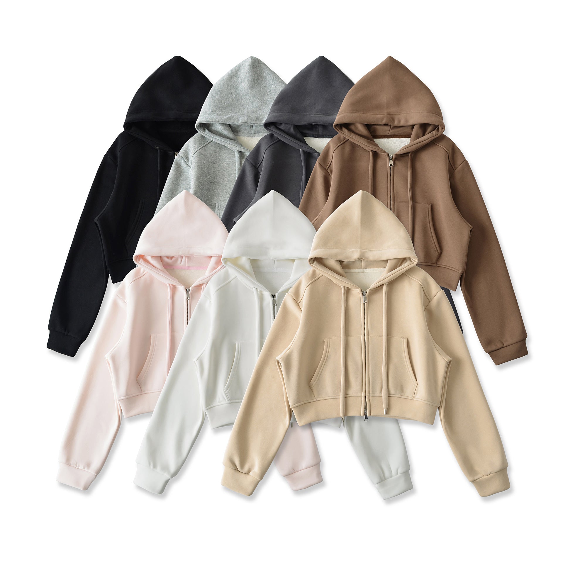 A collection of velvet cropped zip-up hoodies in black, light grey, dark grey, brown, light pink, white, and beige, with a close-up of the brown hoodie. Features include a drawstring hood, full zipper, front pockets, and long sleeves.