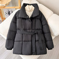 Women's Chic Brown Puffer Parka with High Stand Collar & Belt - Image 6