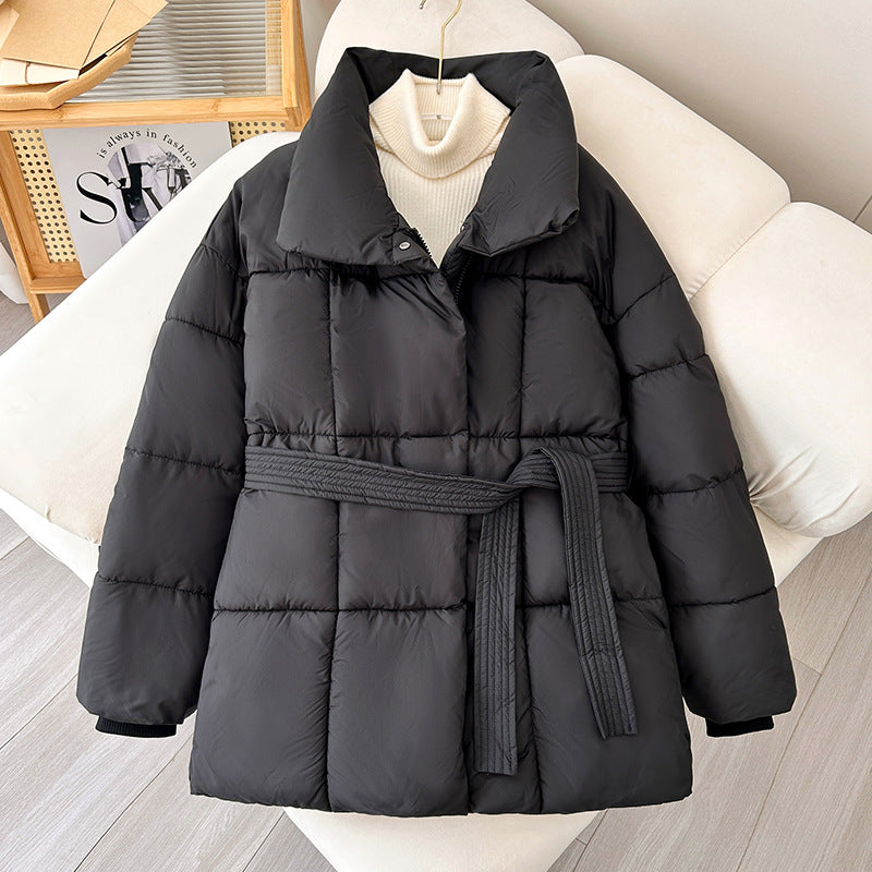 Women's Chic Brown Puffer Parka with High Stand Collar & Belt - Image 6