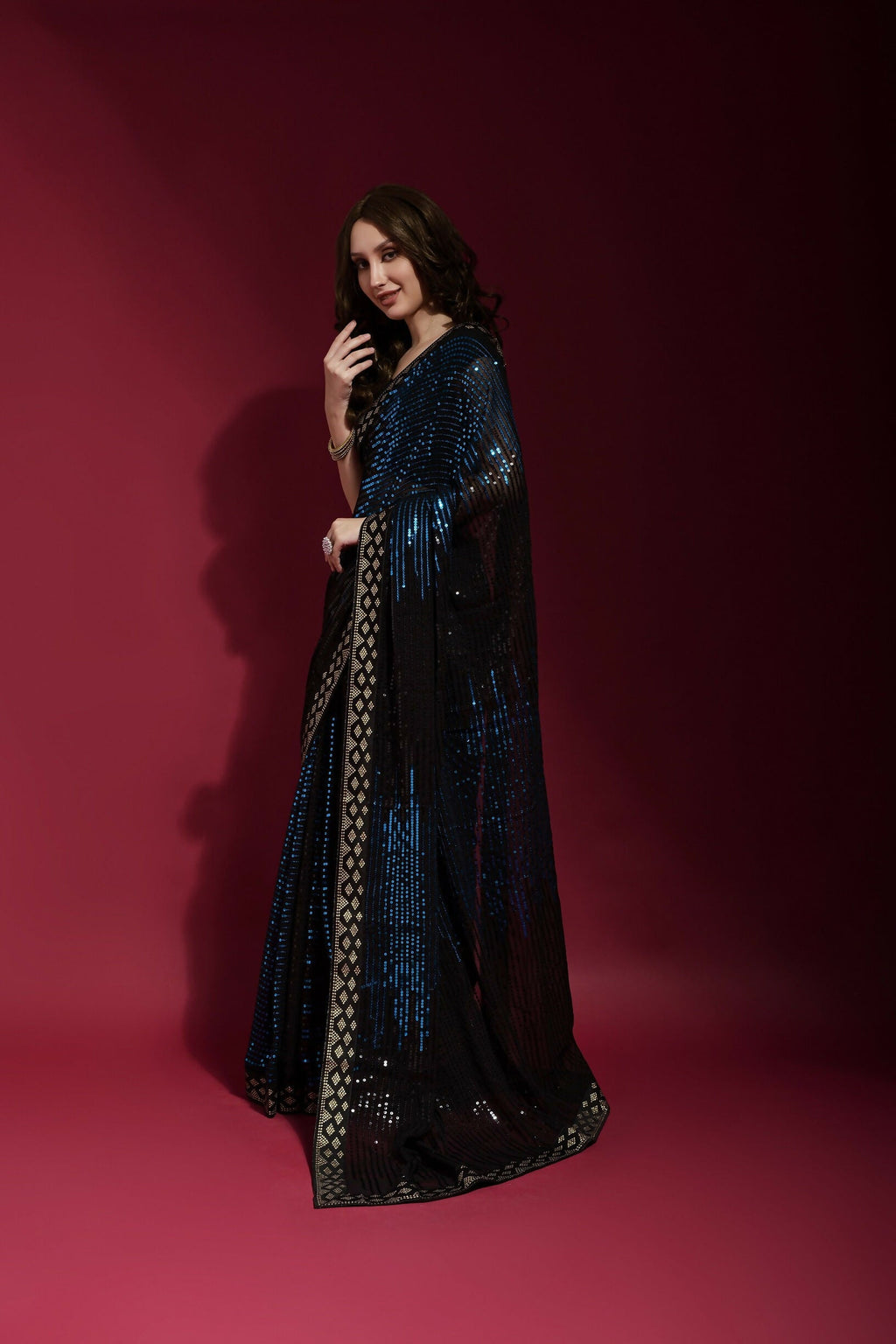Vegaa Fashion Black Georgette Embroidered Party Wear Saree