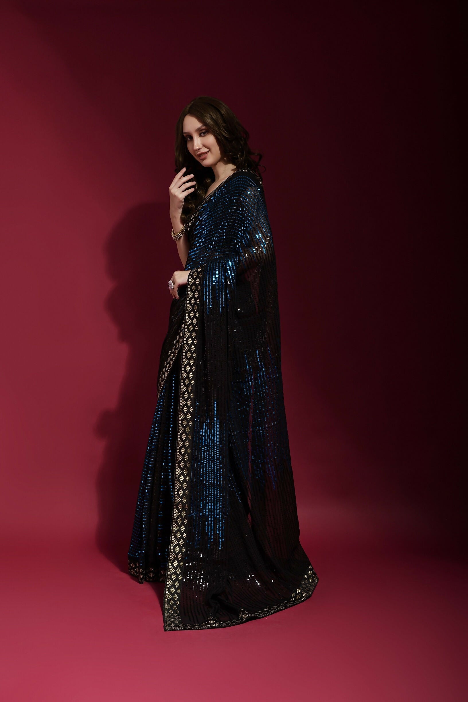 Vegaa Fashion Black Georgette Embroidered Party Wear Saree