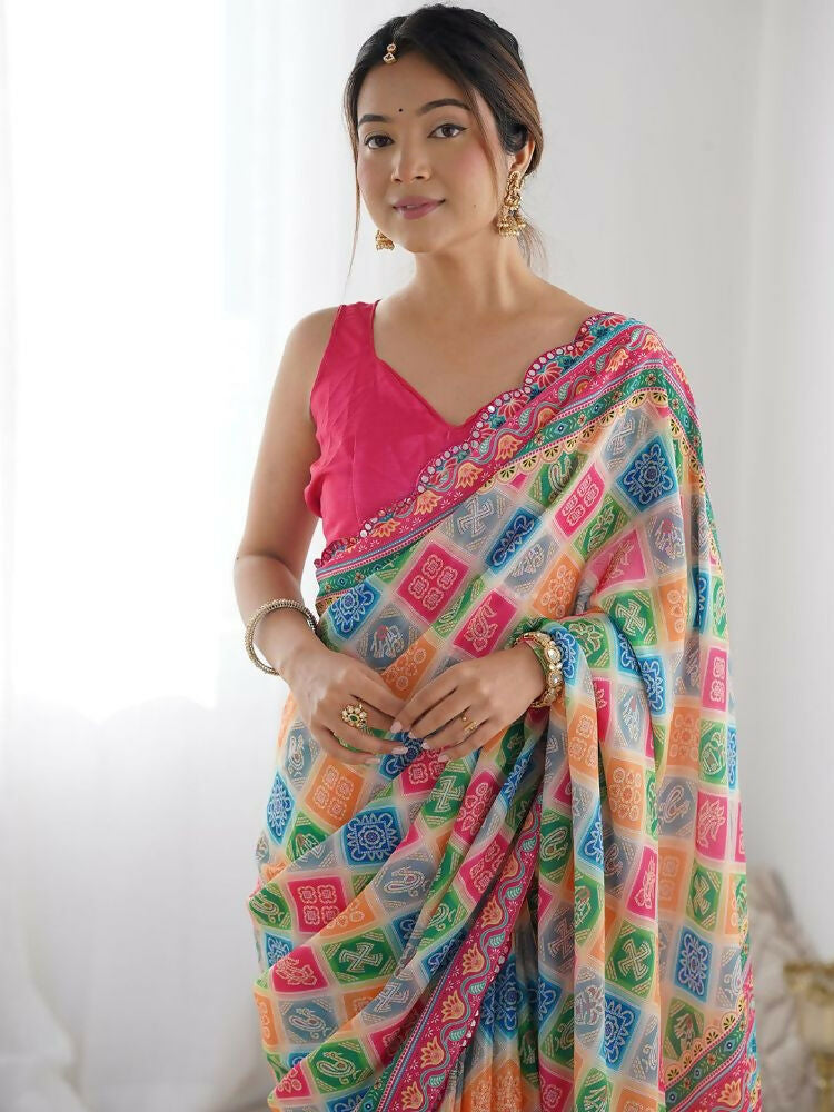 Multi-Color Georgette Digital Print Saree With Mirror Work