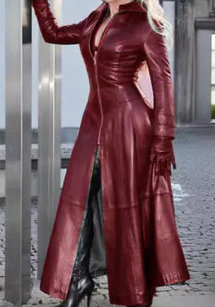 Women's Long PU Leather Jacket with Stand Collar
