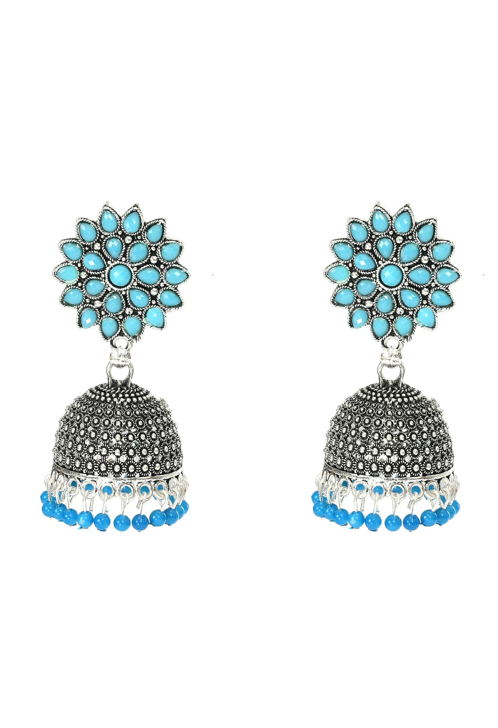 Close up of Joharkamal Kundan work Jhumka earrings featuring sky blue beads and oxidized brass finish.
