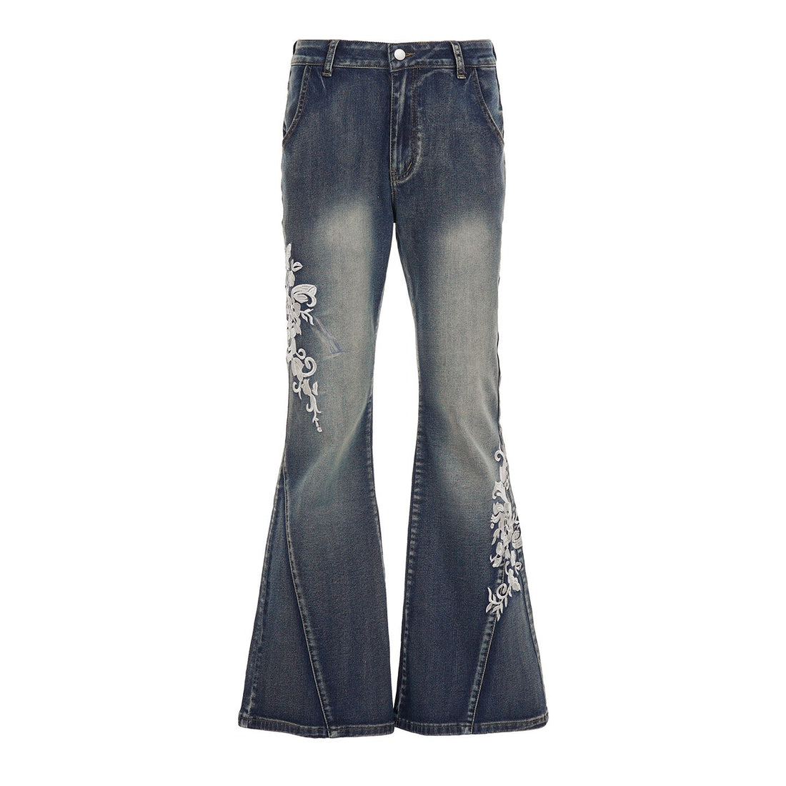 A pair of women's vibrant blue low waist flare jeans featuring intricate white floral embroidery on the legs.