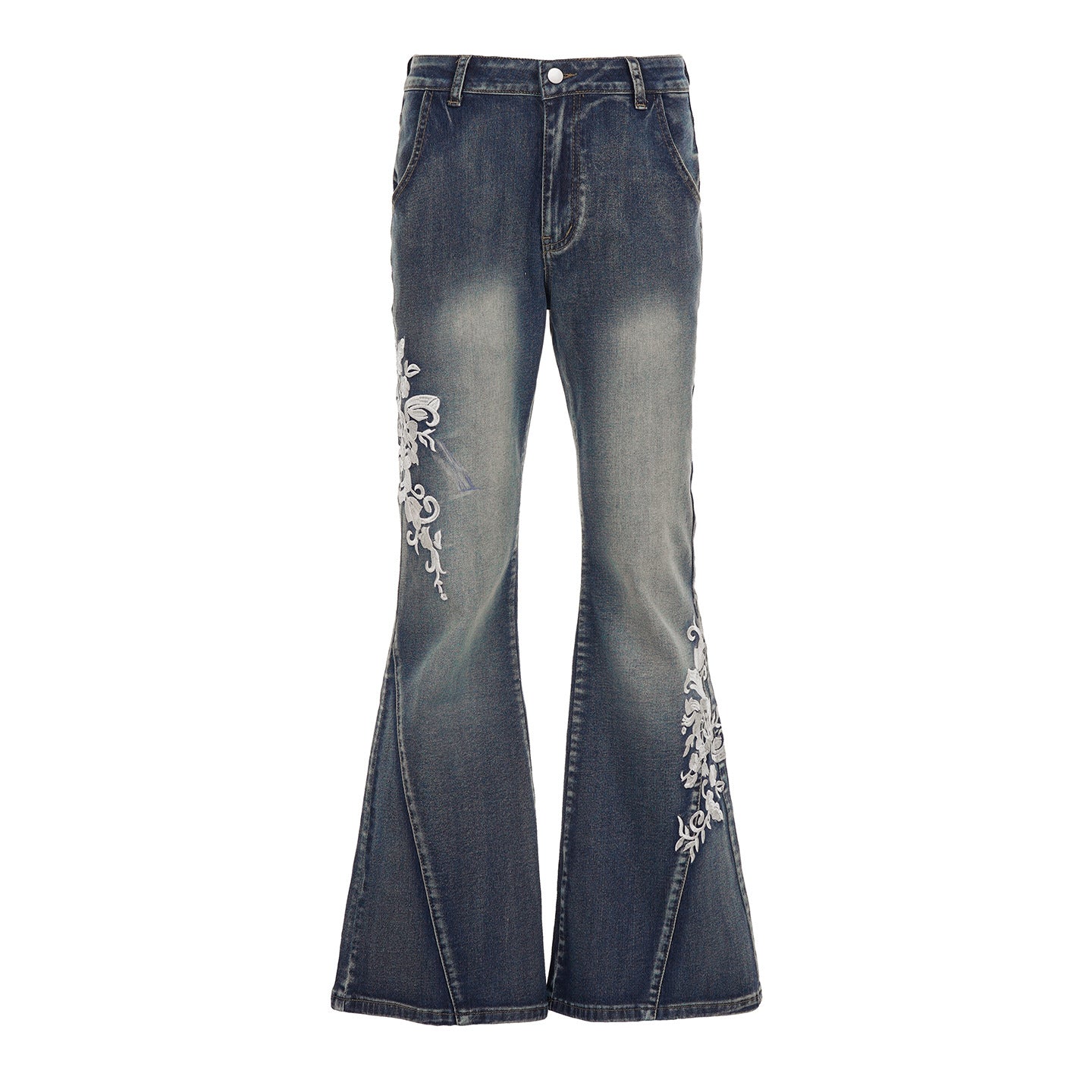 A pair of women's vibrant blue low waist flare jeans featuring intricate white floral embroidery on the legs.