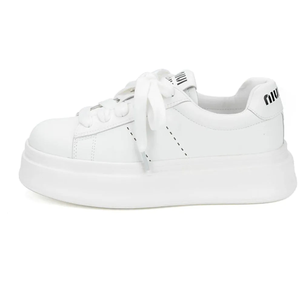 White Lace-Up Round Toe Platform Sneakers for Women - Image 4