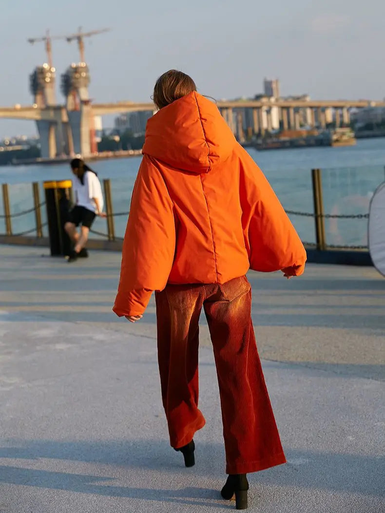 Women's Oversized Fluffy Down Parka - Vibrant Orange Red - Image 5