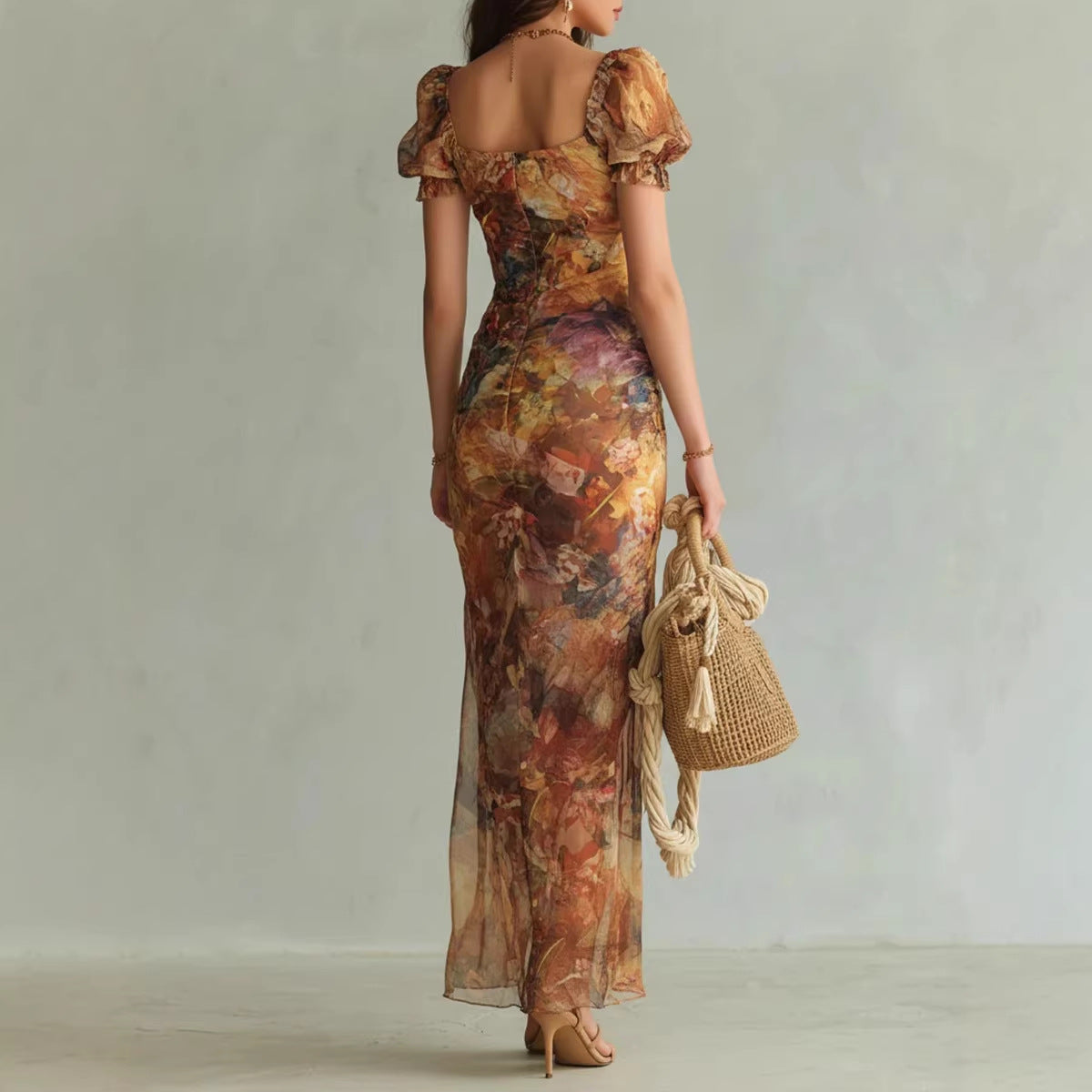 Orange V-Neck Ruffle Hem Maxi Dress