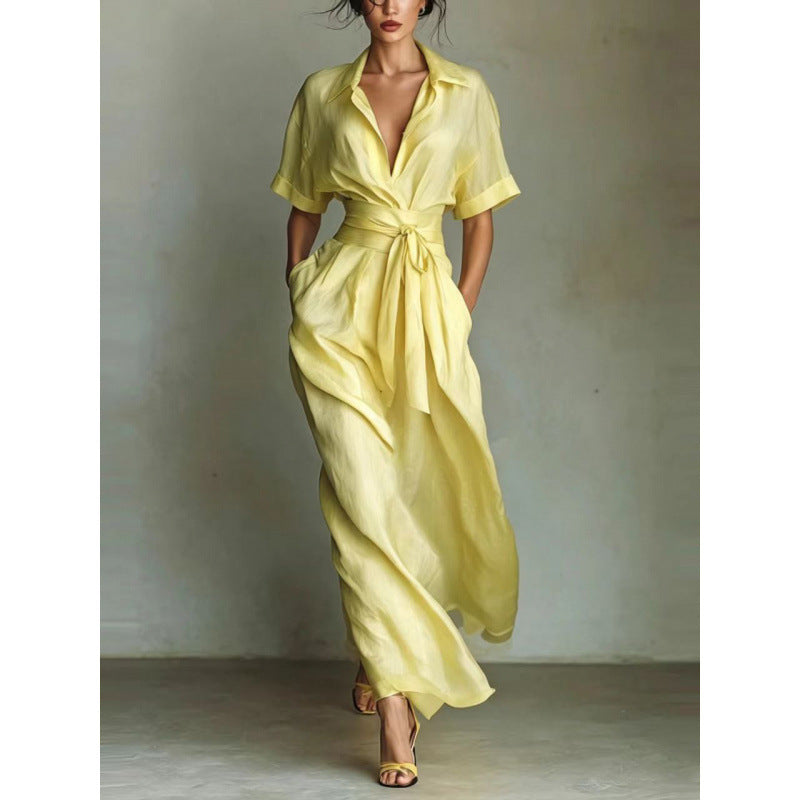 Women's Solid Color Waist-Slimming Maxi Dress with Flip Collar