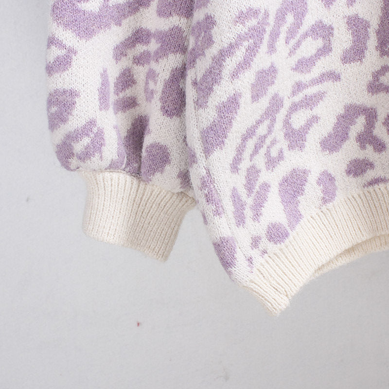 Women's Lavender Leopard Print Oversized Crew Neck Sweater - Image 3