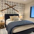 Slopes geometric wallpaper featuring a modern pattern in navy, brown, and light-blue on an off-white background.