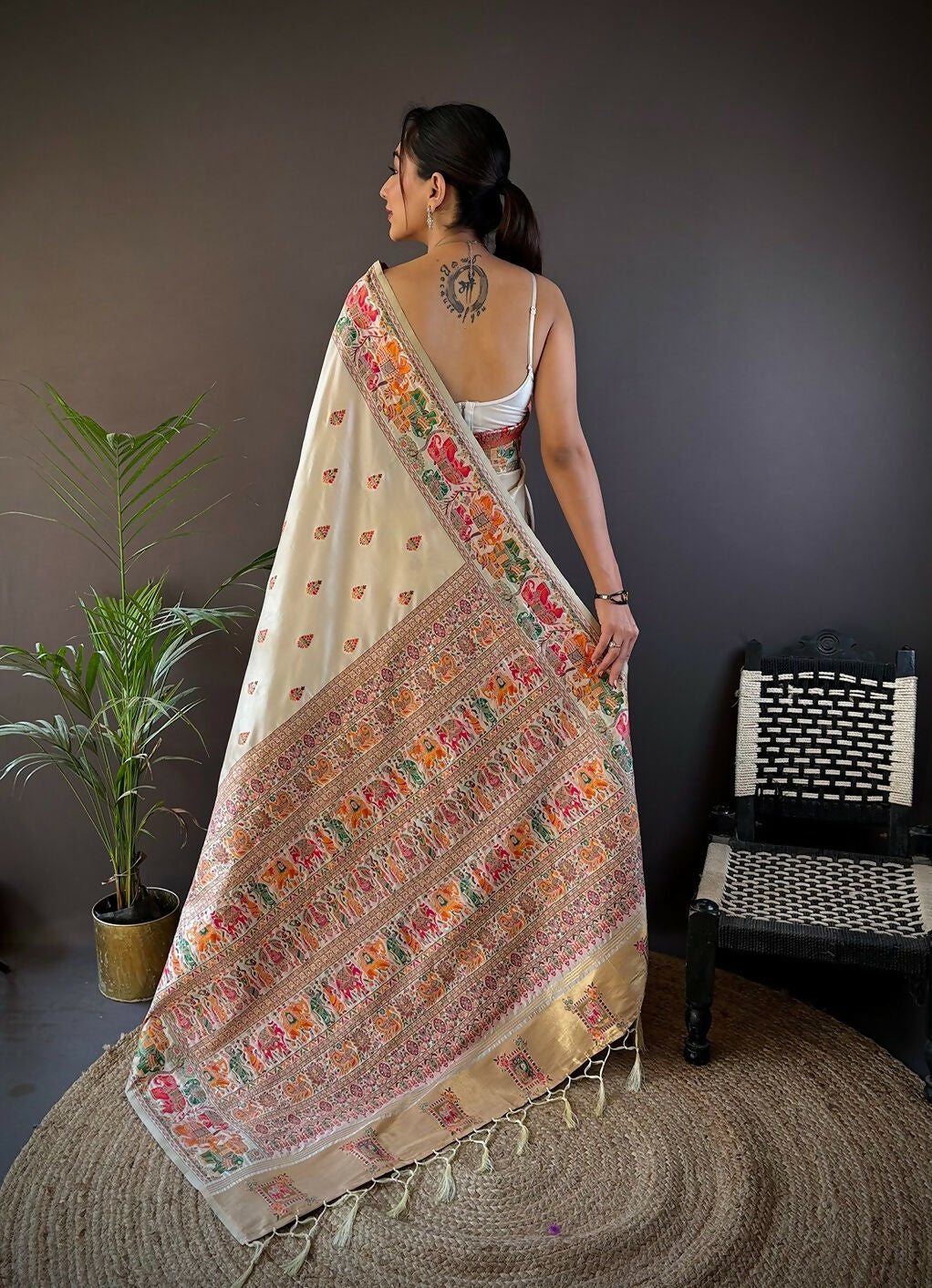 White Meena Weaves Soft Silk Saree with Unstitched Blouse