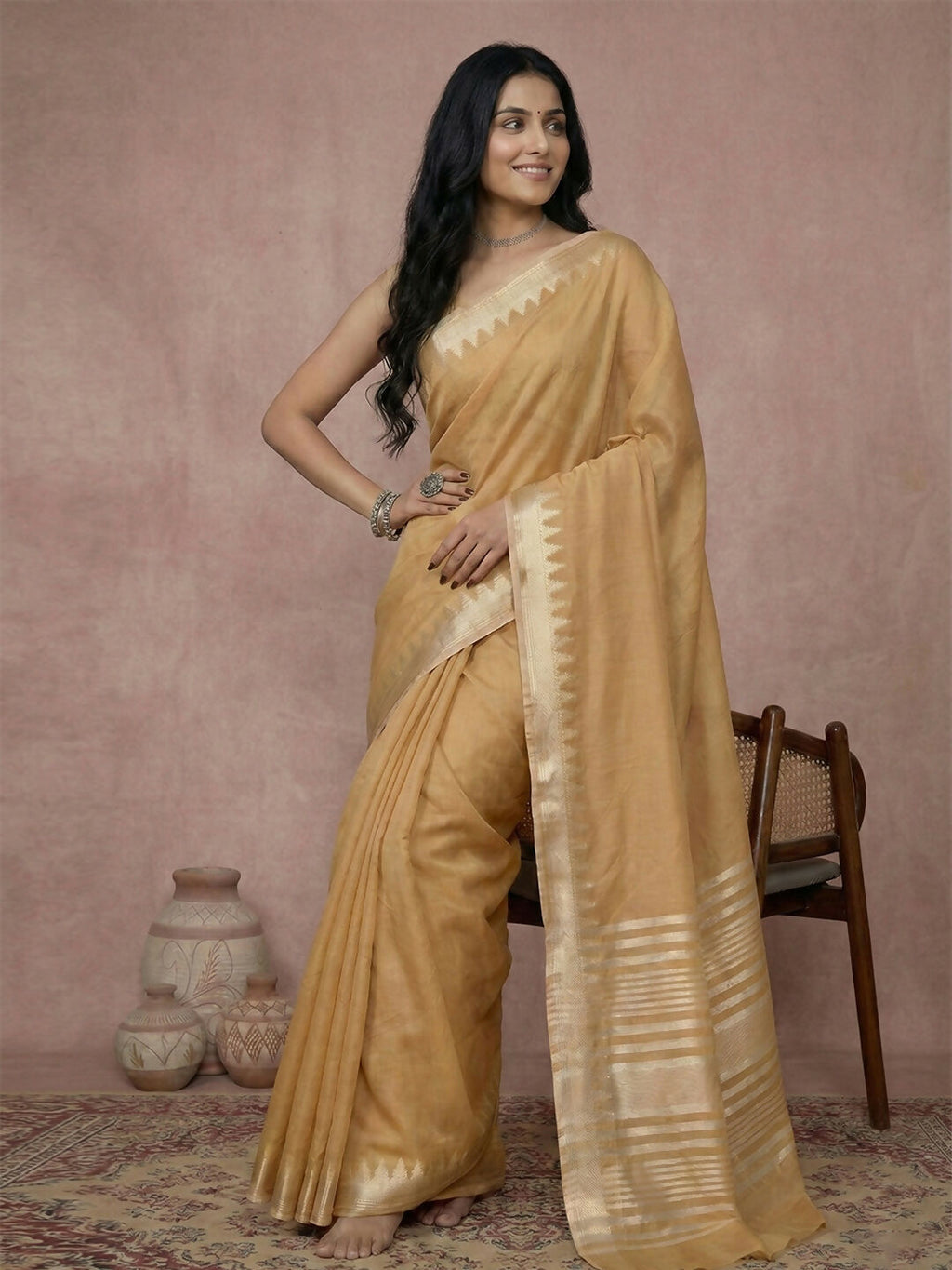Golden Cotton Saree with Matching Blouse Piece