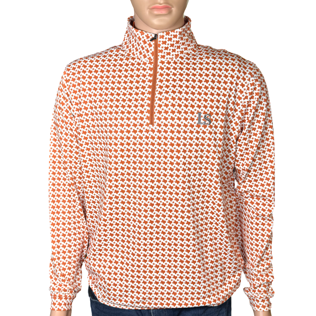 The 512 Pullover in burnt-orange with collared button-up design and relaxed sporty fit
