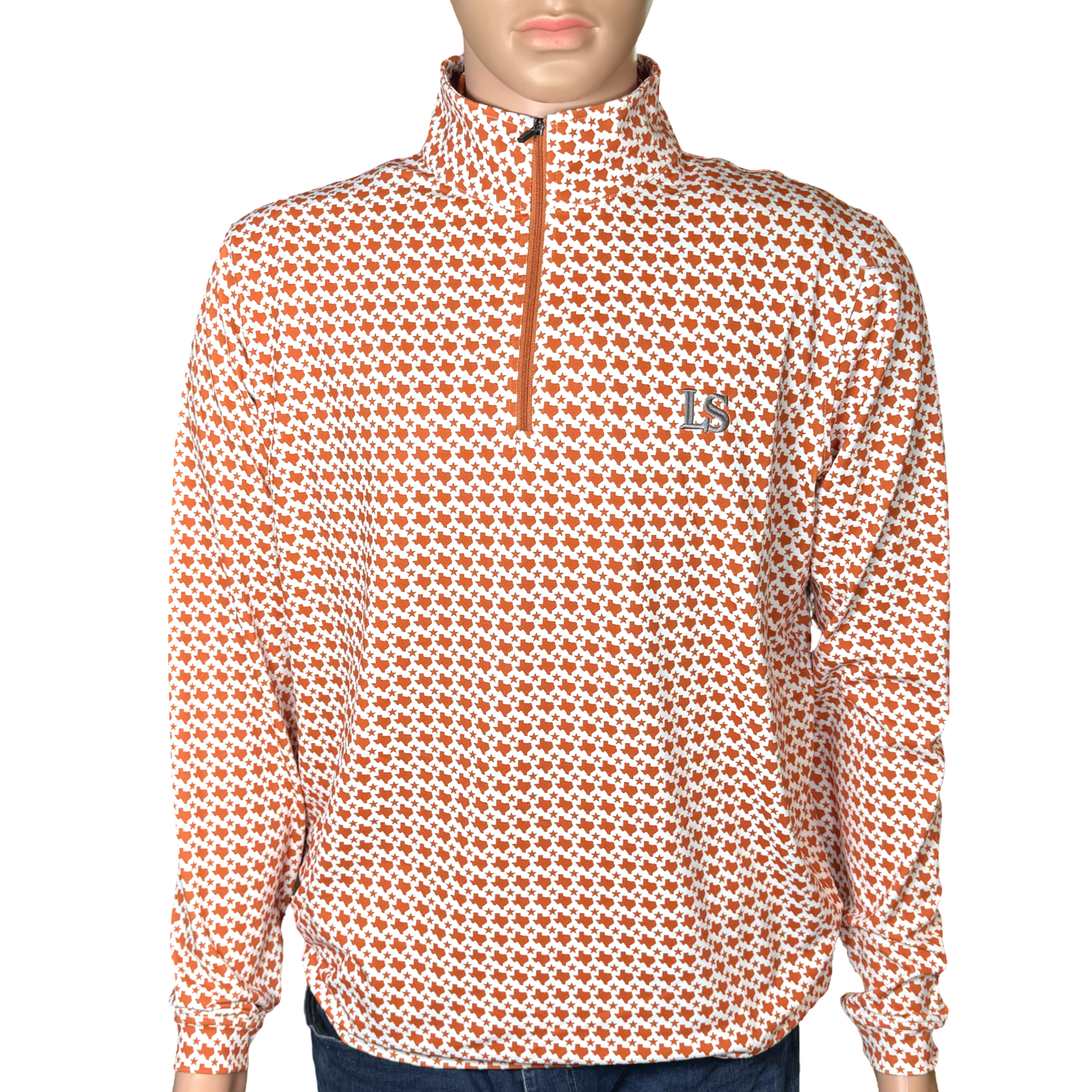 The 512 Pullover in burnt-orange with collared button-up design and relaxed sporty fit