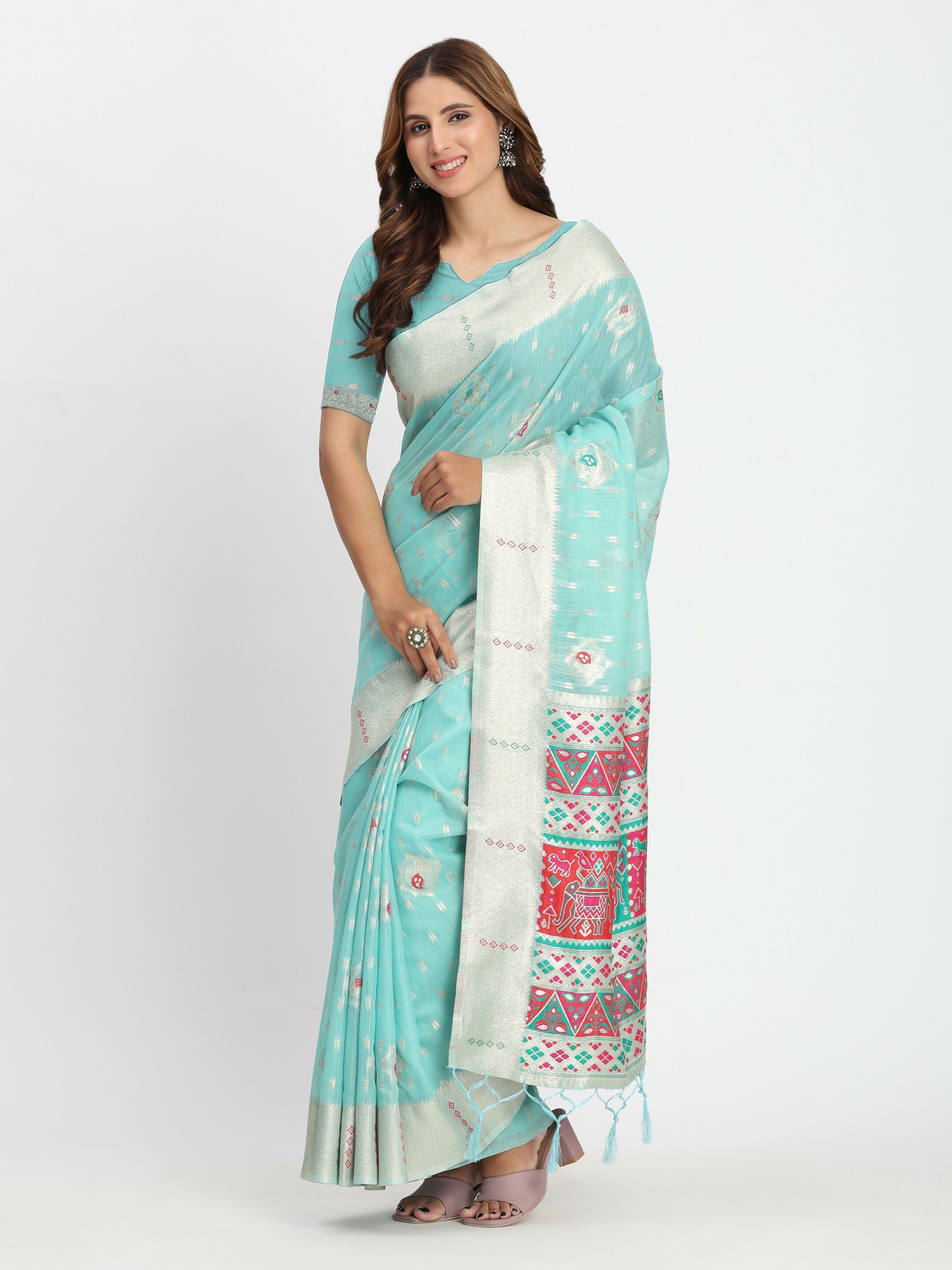 Sea Green Linen Cotton Saree with Matching Blouse Piece