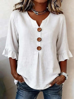 Women's Cotton Linen V-Neck Button-Up Blouse - Casual Summer Top